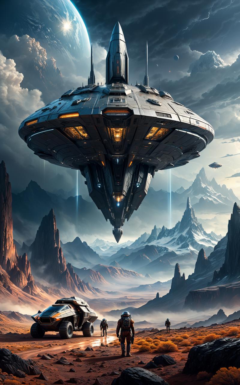 03318-1967464758-spaceship and its crew on an unknown planet, mountains and rocks in the background, stormy sky, Science Fiction artwork, complex.png